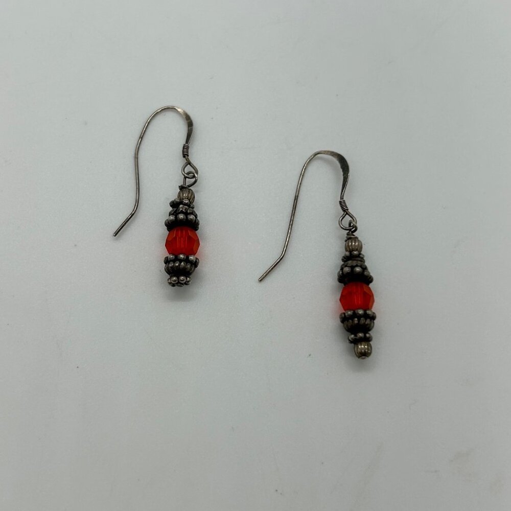 Sterling Silver Earrings Glass Orange and Silver Beads Pierced Dangle Vintage